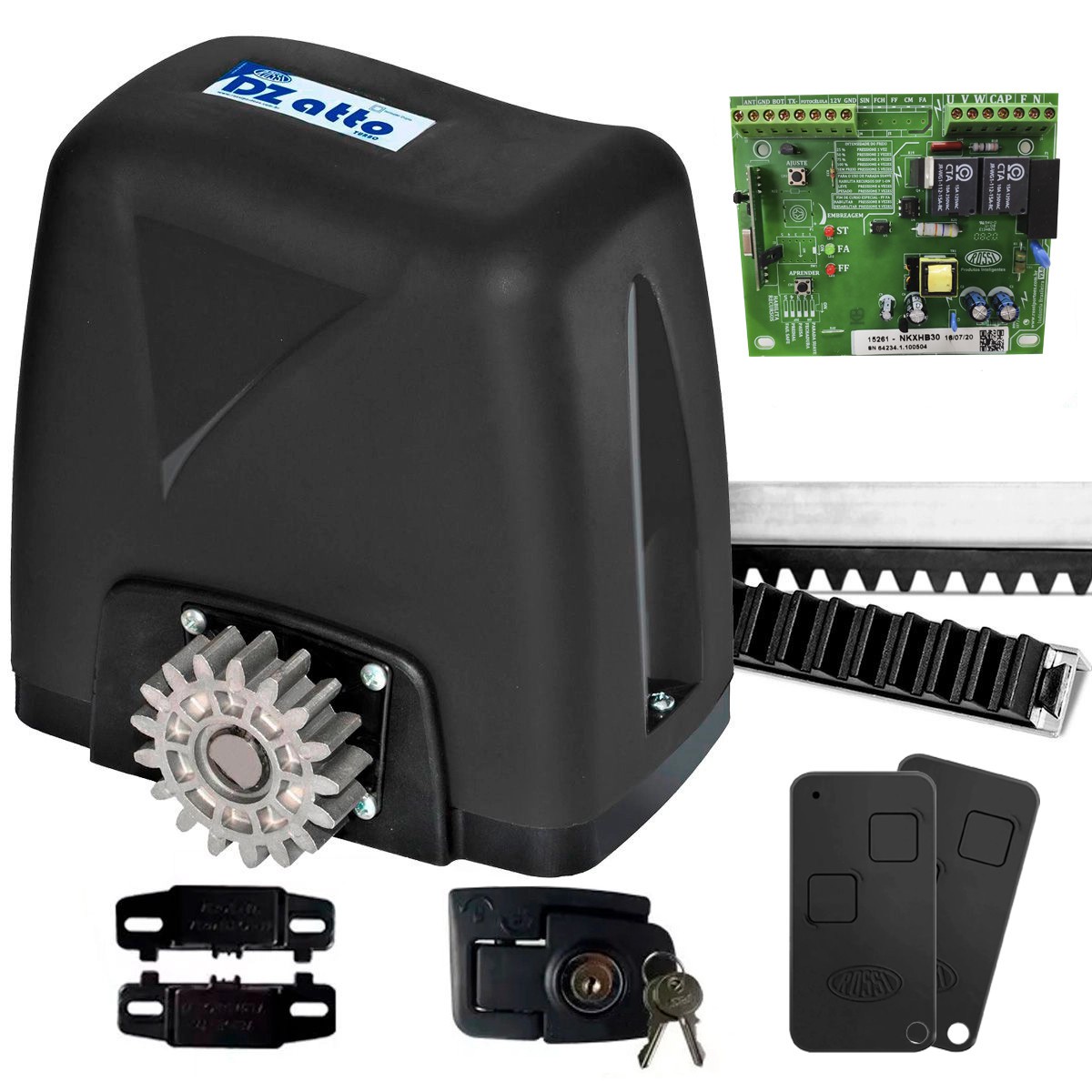 Kit Motor Portão Rossi DZ Nano Turbo 600Kg 1/4 Deslizante Automático de Correr Eletrônico Com Abertura  Rápida
